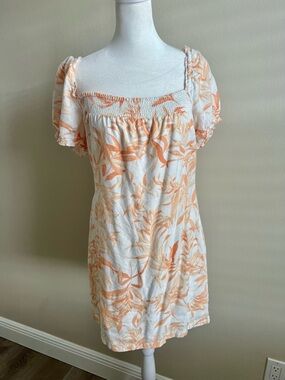 Abercrombie Linen Blend Orange Tropical Mini Dress Puff Sleeves Small